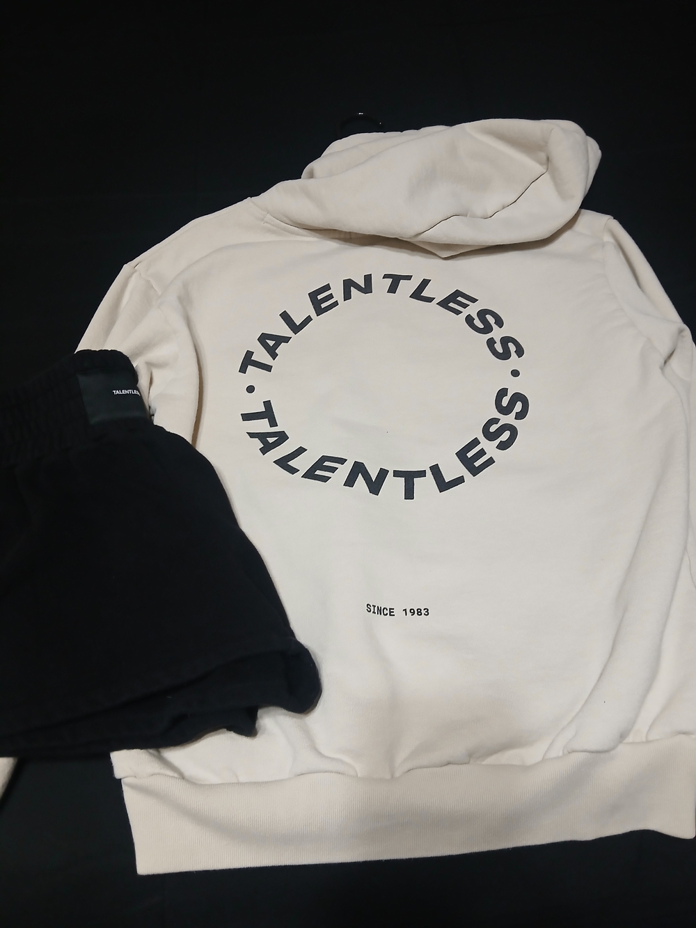 TALENTLESS Cream Crewneck Hoodie with Black Circular Logo
